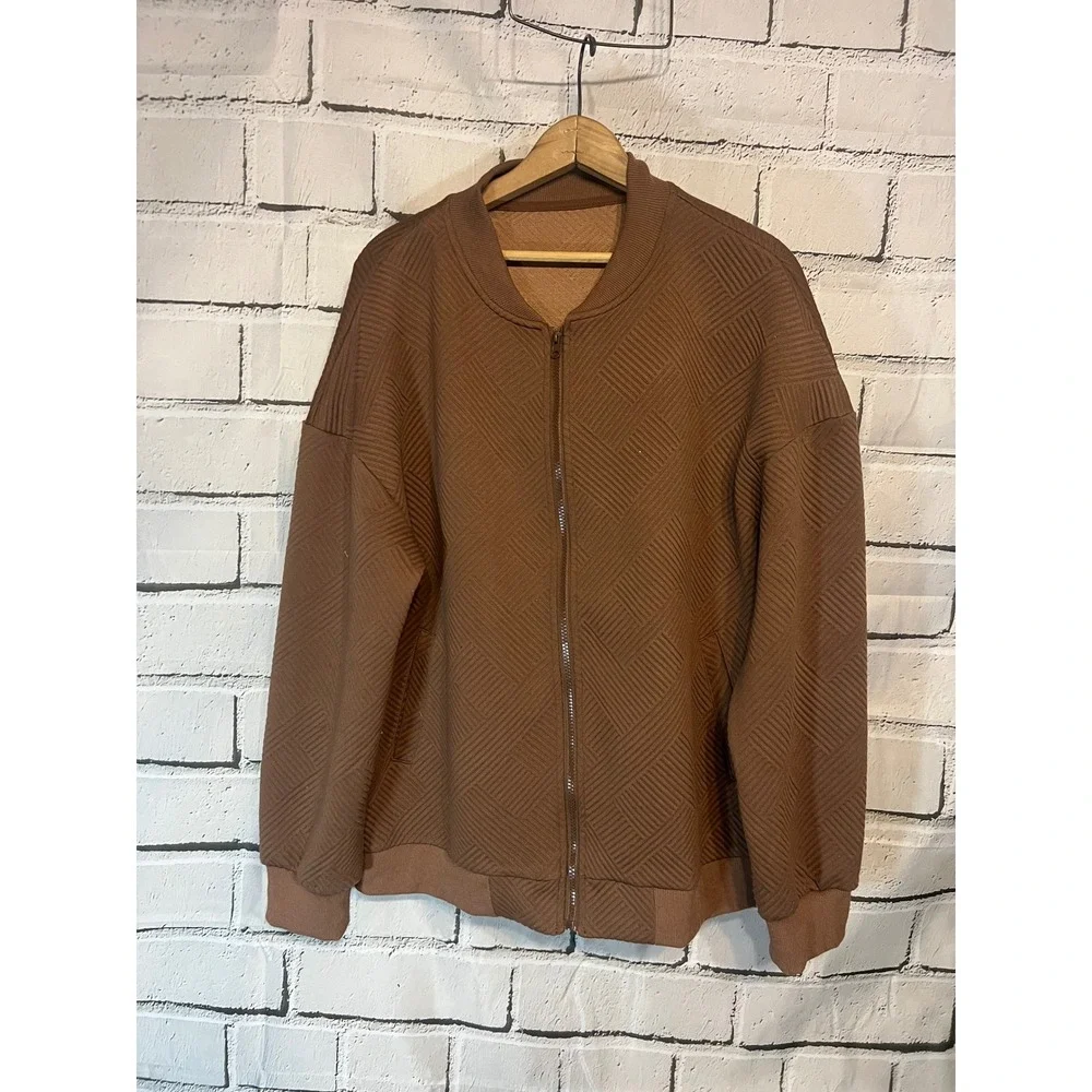 Brown Textured Quilted Bomber Jacket Oversized Zip Up Lightweight Streetwear